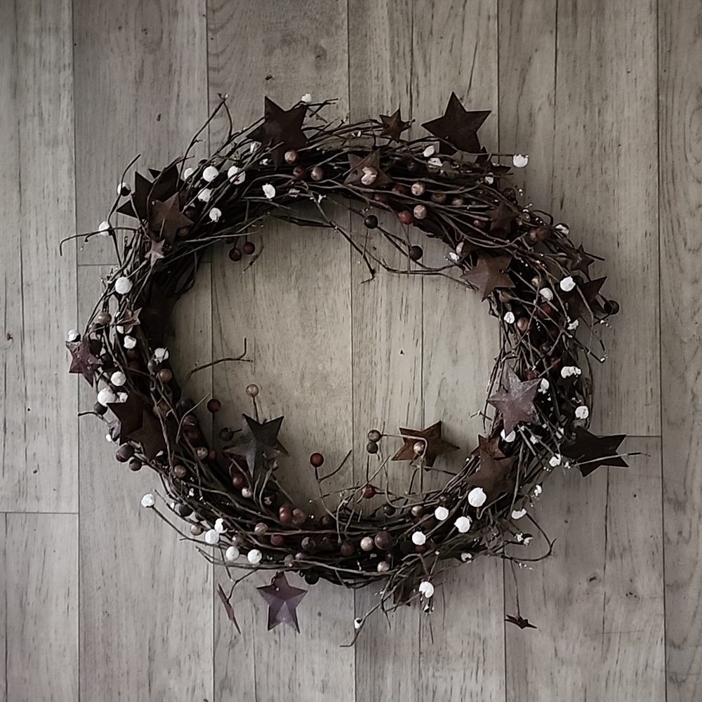 Wooden Woven Wreath with Metal Stars